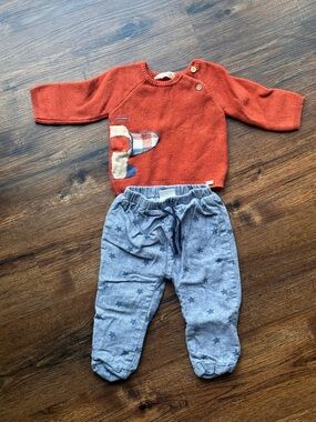 Rust Orange Knit Baby Sweater with Airplane Detail & Star Print Pants